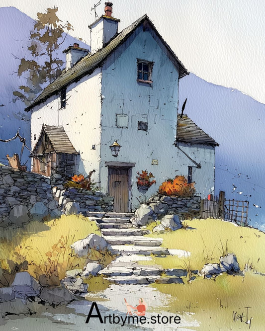 Scène de maison sereine en haute montagne – Paysage montagnard imprimable