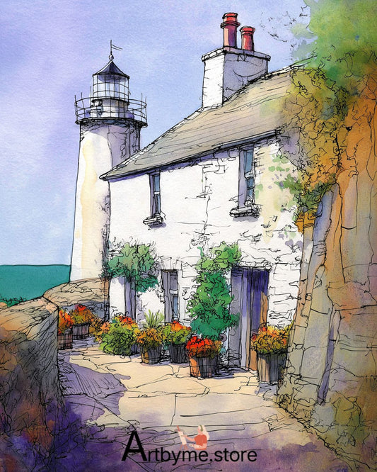 Décoration Murale Phare Côtier de Charme – Art Imprimable à l'Aquarelle