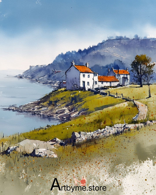 Red Roof Coastal Village Art – Aquarelle Scénique Imprimable