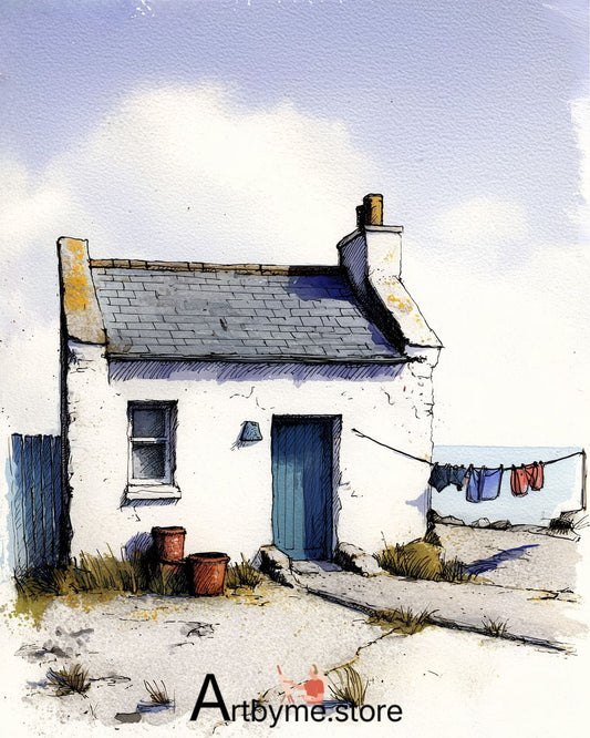 Art aquarelle : Vie tranquille au bord de la mer – Paysage côtier à imprimer