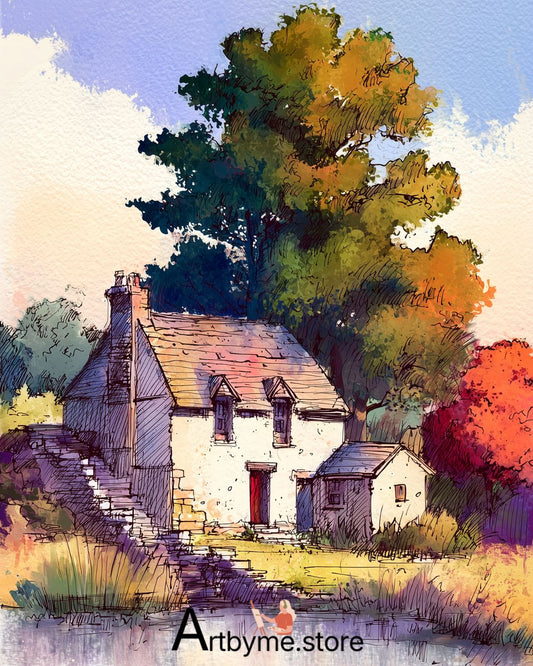 Paysage d'automne d'un chalet en pierre chaleureux – Illustration à l'aquarelle à imprimer