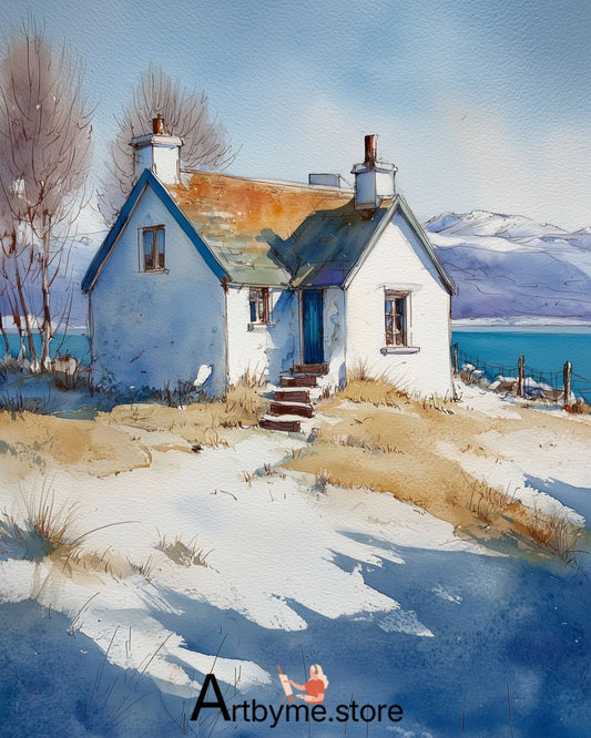Cabaña Tranquila Junto al Lago en Invierno – Arte Imprimible Minimalista en Acuarela