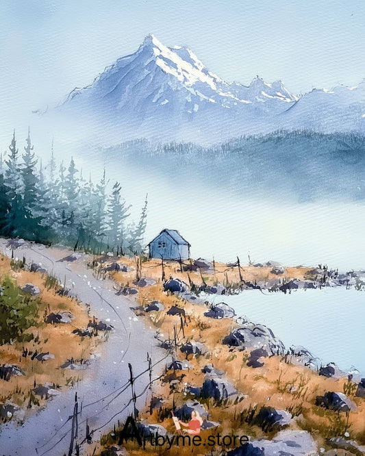 Cabane solitaire sous les pics enneigés – Art imprimable de montagne hivernale