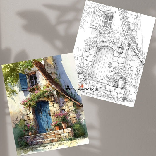 21 Vintage Doors & Windows Watercolor-Style Coloring Page