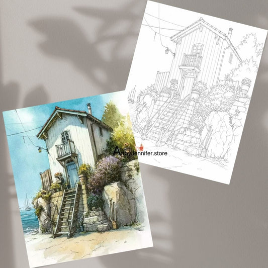 22 Seaside Cottage Coloring Pages - Watercolor-Style Coastal Houses
