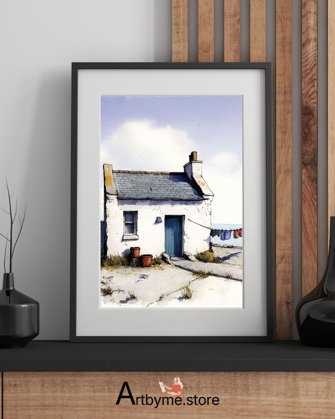 Vie paisible au bord de la mer - Aquarelle - Paysage côtier à imprimer