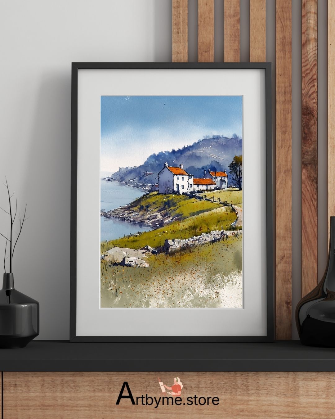 Red Roof Coastal Village Art – Scenic Watercolor Printable