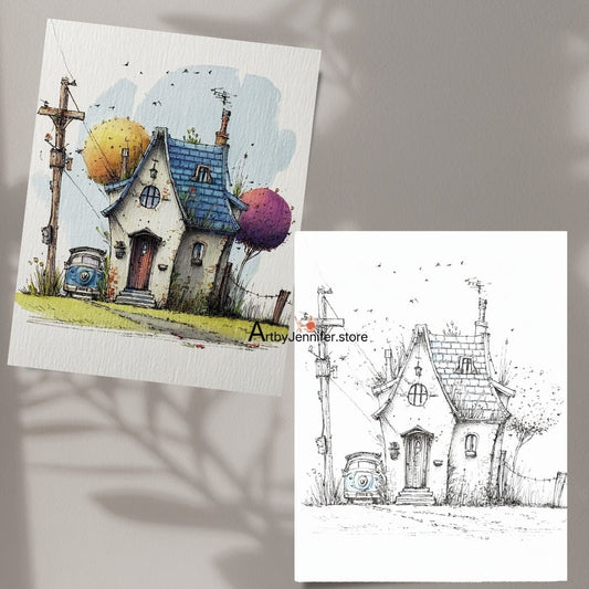 21 Whimsical House Watercolor Coloring Pages
