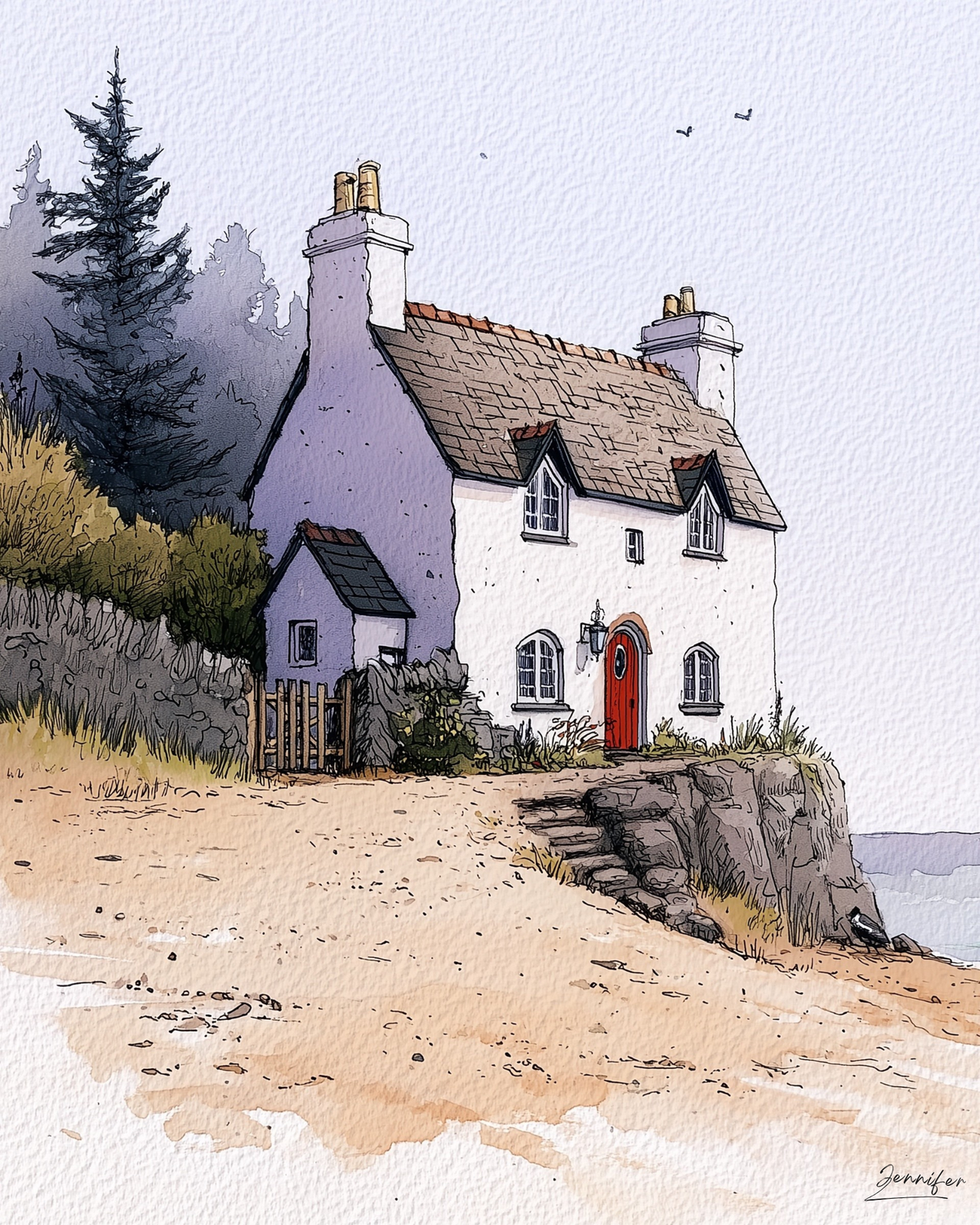 Coastal Cliffside Cottage with Red Door