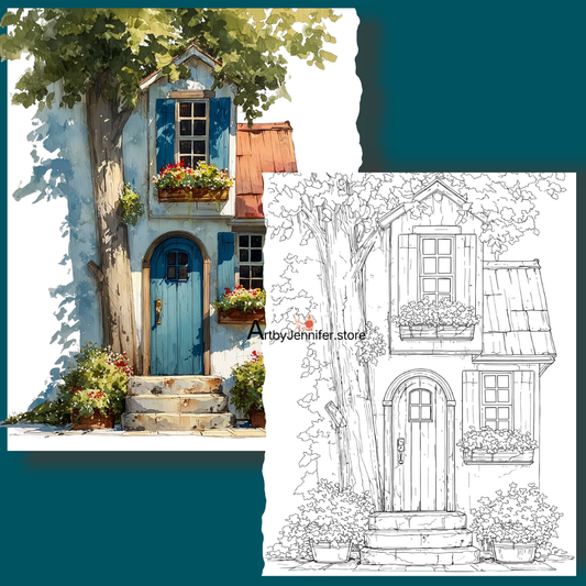 21 Vintage Doors & Windows Watercolor-Style Coloring Page