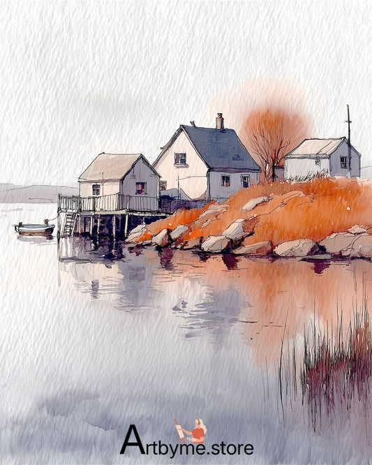 Aquarelle minimaliste d'un village au bord d'un lac – Paysage à imprimer