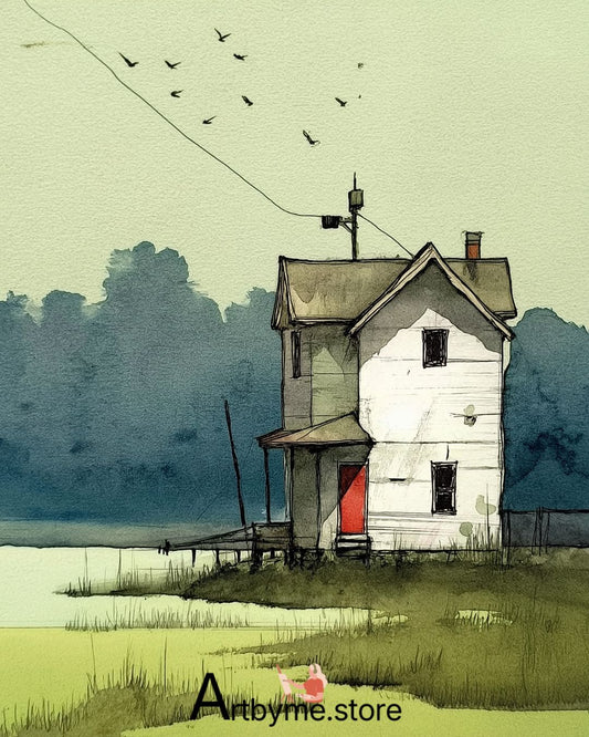 Maison isolée à la porte rouge - Paysage minimaliste à l'aquarelle, illustration murale imprimable