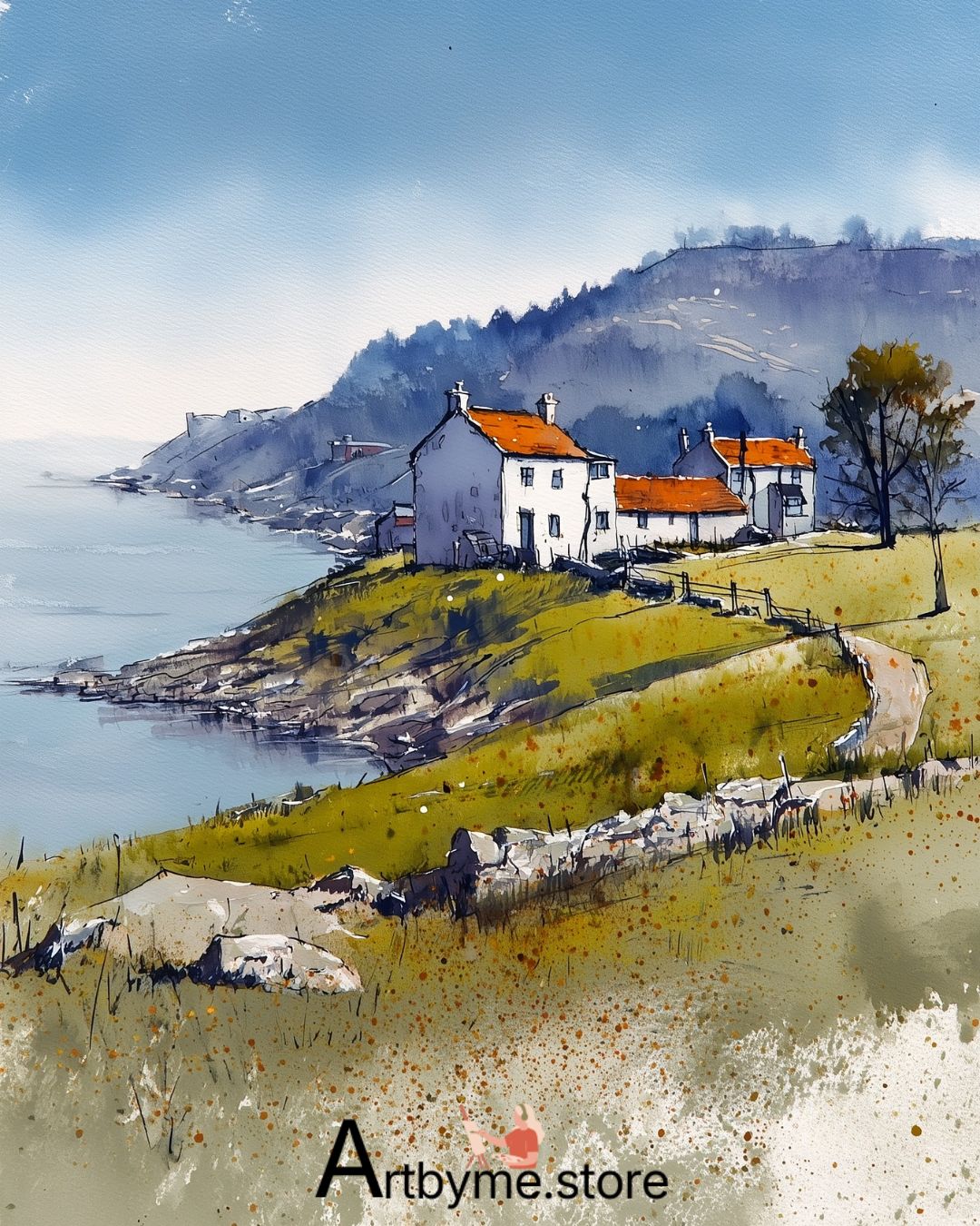 Red Roof Coastal Village Art – Scenic Watercolor Printable