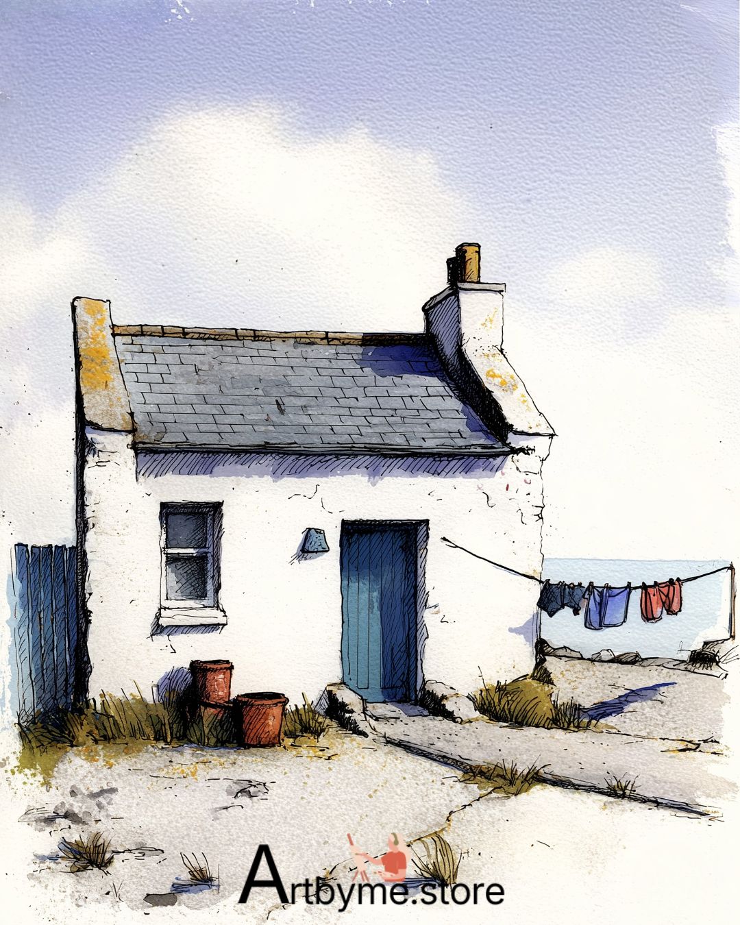 Vie paisible au bord de la mer - Aquarelle - Paysage côtier à imprimer