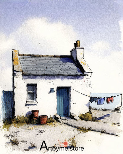 Vie paisible au bord de la mer - Aquarelle - Paysage côtier à imprimer