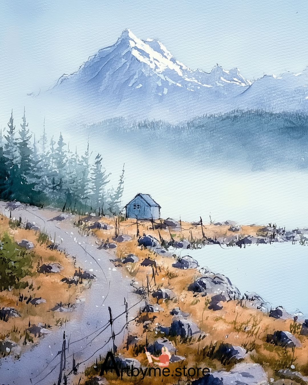 Cabane isolée sous des sommets enneigés – Illustration imprimable de montagne hivernale