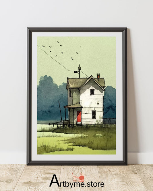 Maison isolée à la porte rouge - Paysage minimaliste à l'aquarelle, illustration murale imprimable