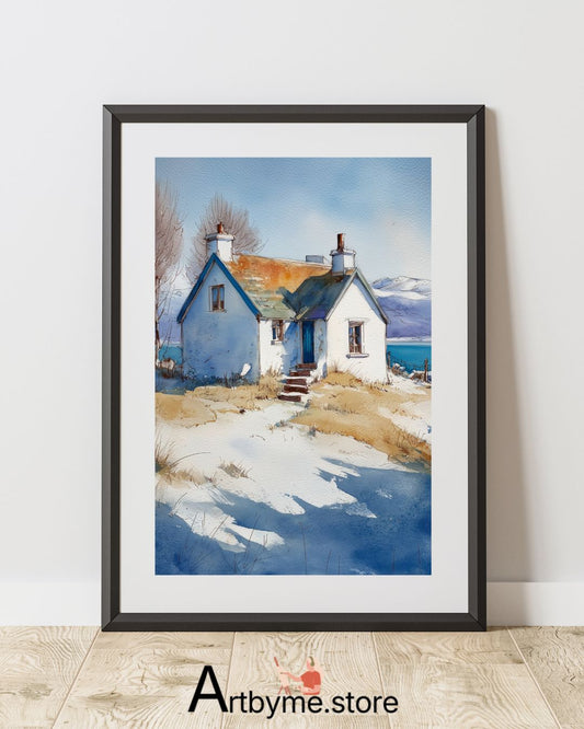 Chalet paisible au bord d'un lac en hiver – Illustration minimaliste à l'aquarelle à imprimer