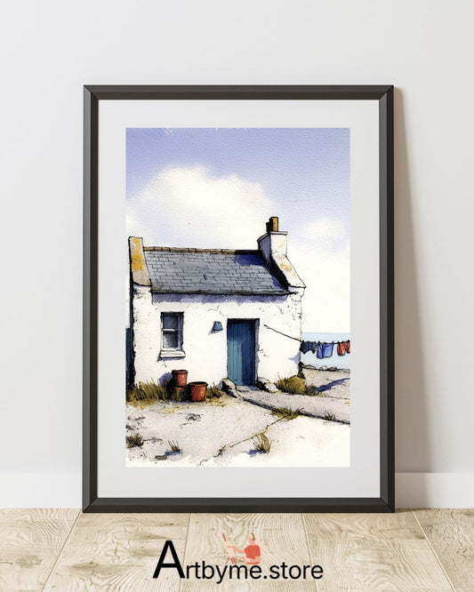 Vie paisible au bord de la mer - Aquarelle - Paysage côtier à imprimer