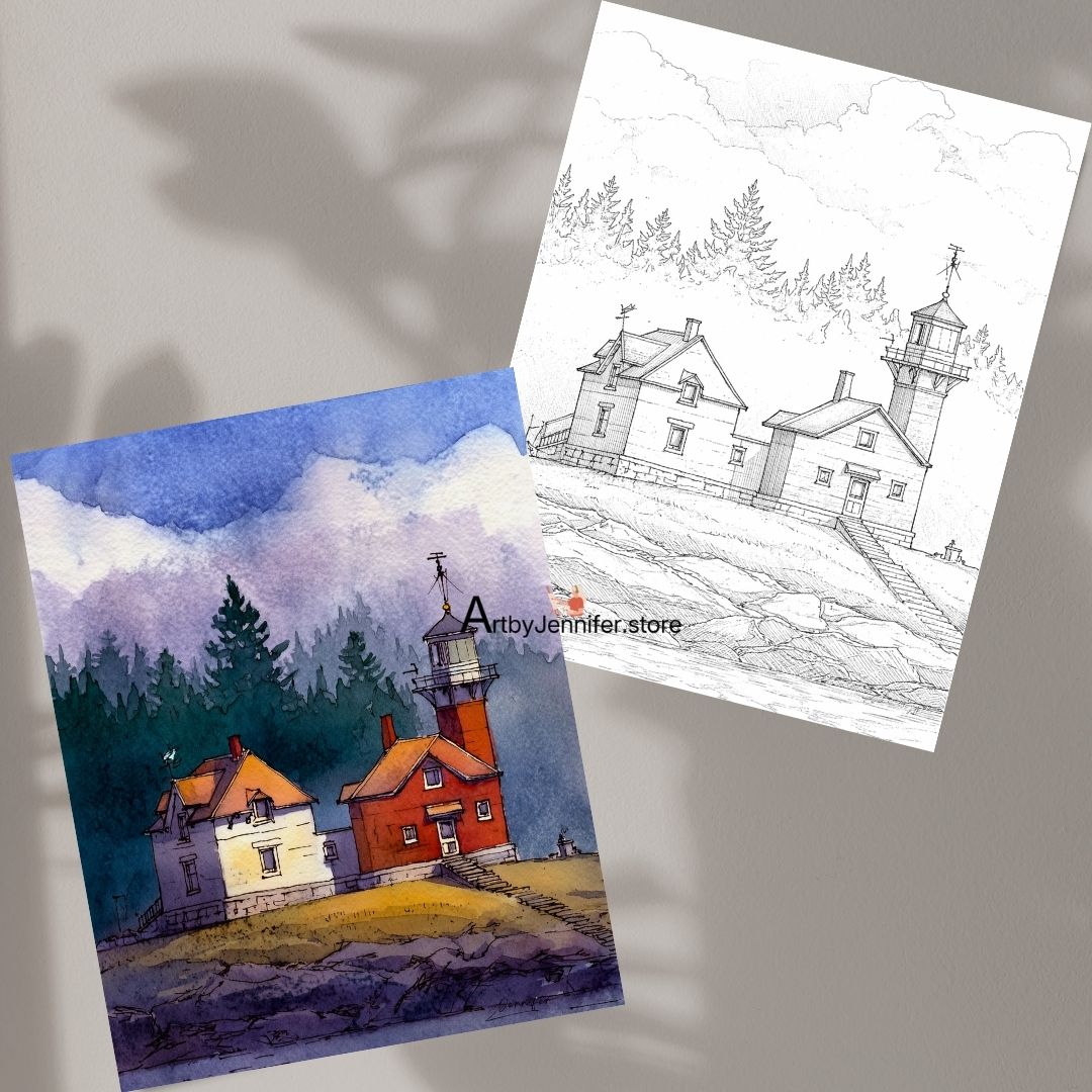 15 páginas simples para colorear de faros en acuarela