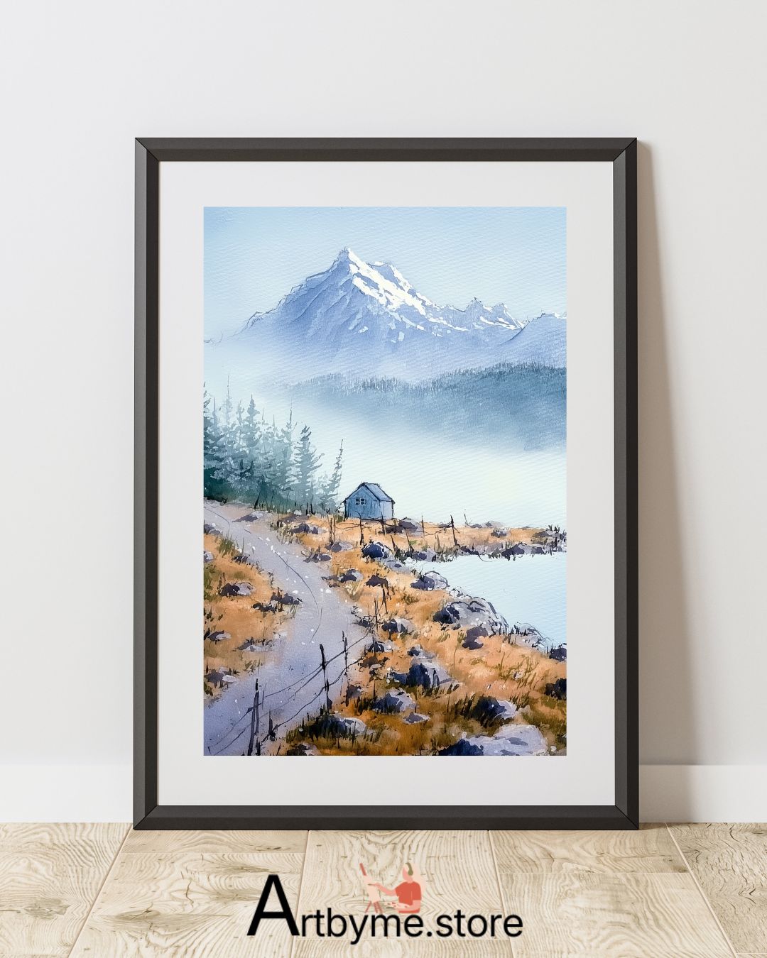 Cabane isolée sous des sommets enneigés – Illustration imprimable de montagne hivernale