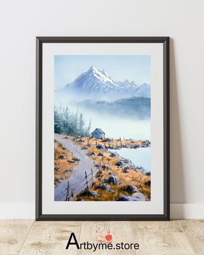 Cabane isolée sous des sommets enneigés – Illustration imprimable de montagne hivernale