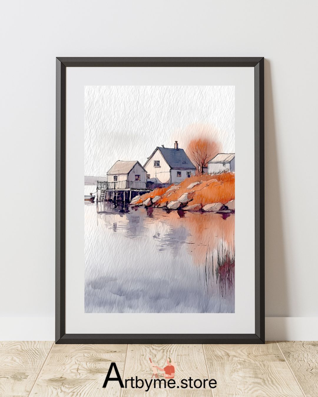 Aquarelle minimaliste d'un village au bord d'un lac – Paysage à imprimer