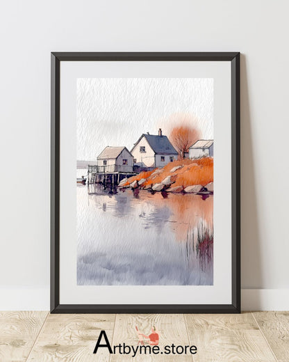 Aquarelle minimaliste d'un village au bord d'un lac – Paysage à imprimer