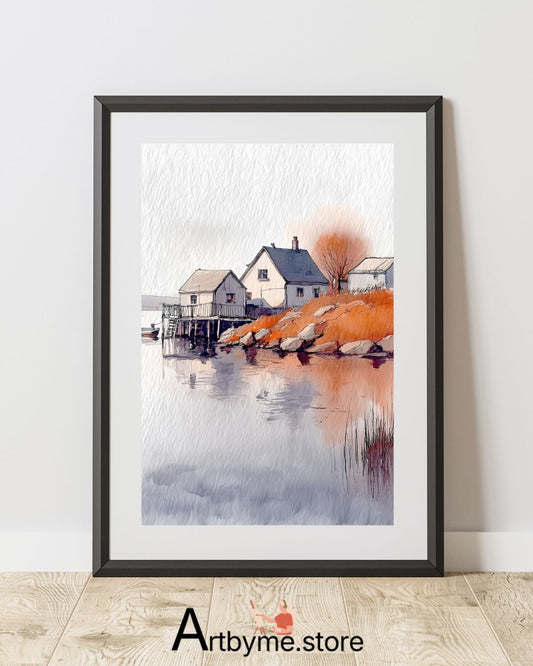 Aquarelle minimaliste d'un village au bord d'un lac – Paysage à imprimer