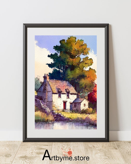 Paysage d'automne d'un chalet en pierre chaleureux – Illustration à l'aquarelle à imprimer