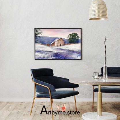 A Peaceful Winter Cottage Dream – Minimalist Watercolor Printable