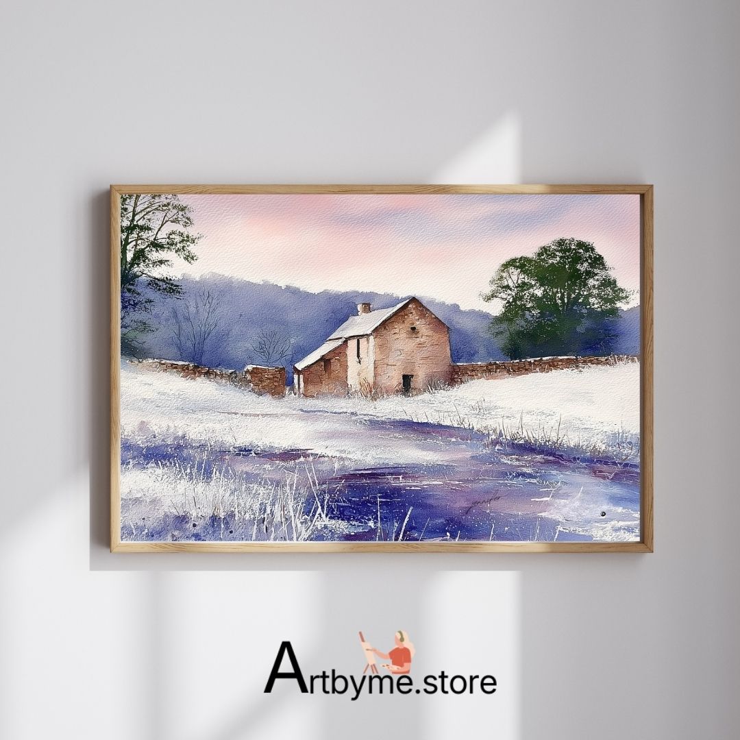 A Peaceful Winter Cottage Dream – Minimalist Watercolor Printable