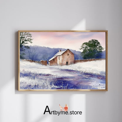 A Peaceful Winter Cottage Dream – Minimalist Watercolor Printable