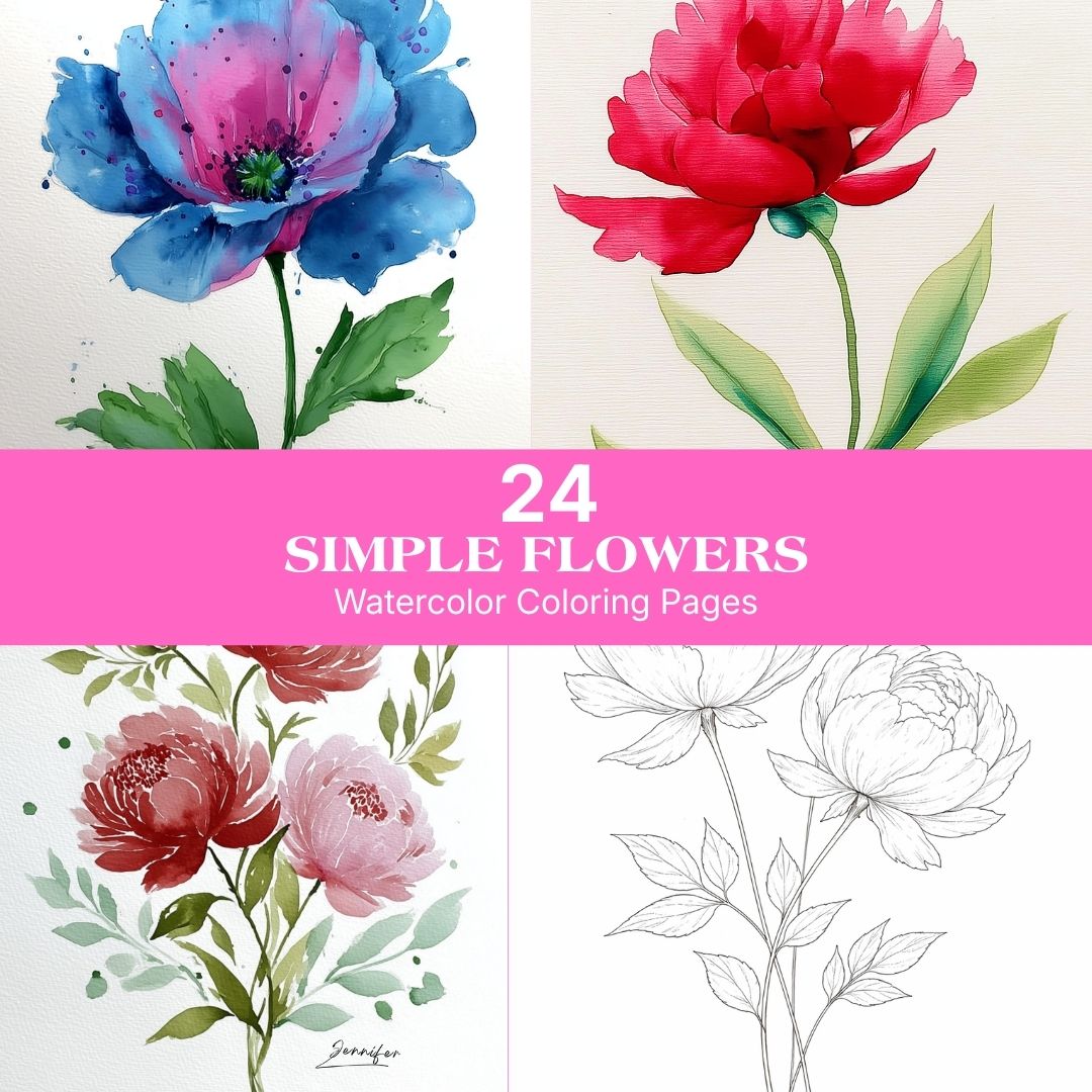 24 pages de coloriage aquarelle de fleurs simples