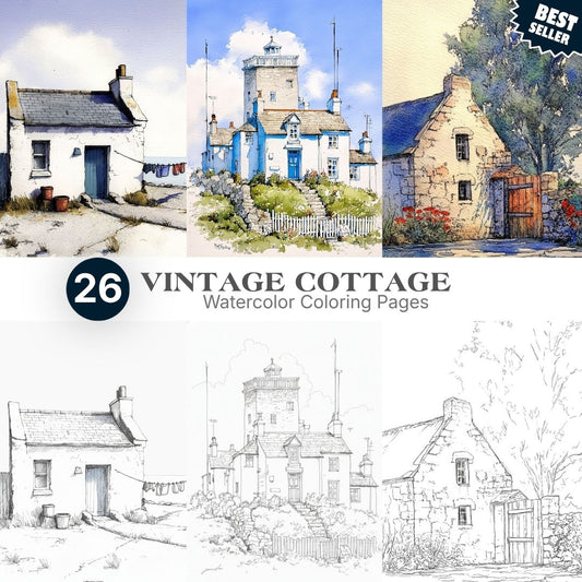 26 Vintage Cottage Watercolor Coloring Pages