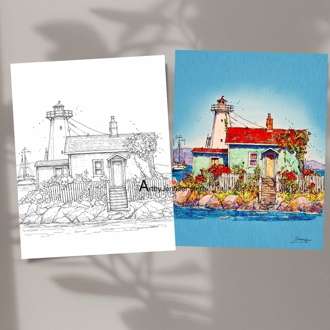 15 páginas simples para colorear de faros en acuarela