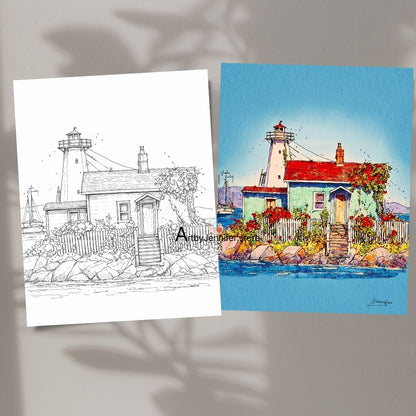 15 páginas simples para colorear de faros en acuarela