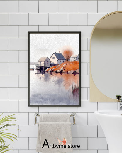 Aquarelle minimaliste d'un village au bord d'un lac – Paysage à imprimer