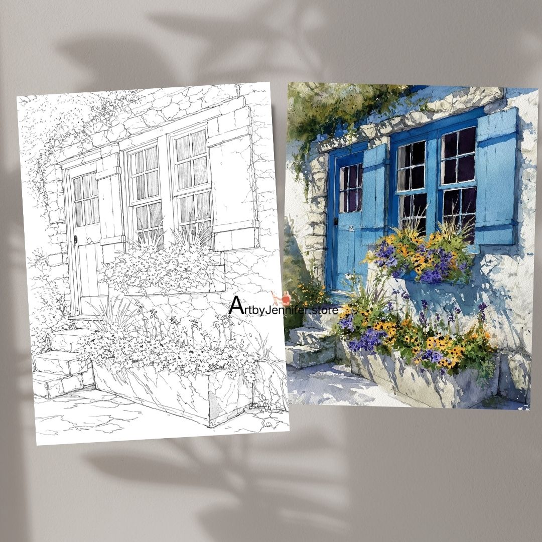21 Vintage Doors & Windows Watercolor-Style Coloring Page