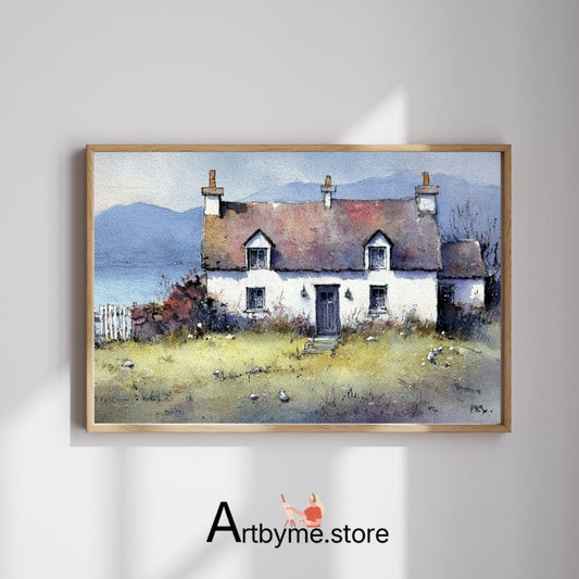 Chalet serein au bord du lac : Paysage aquarelle à imprimer