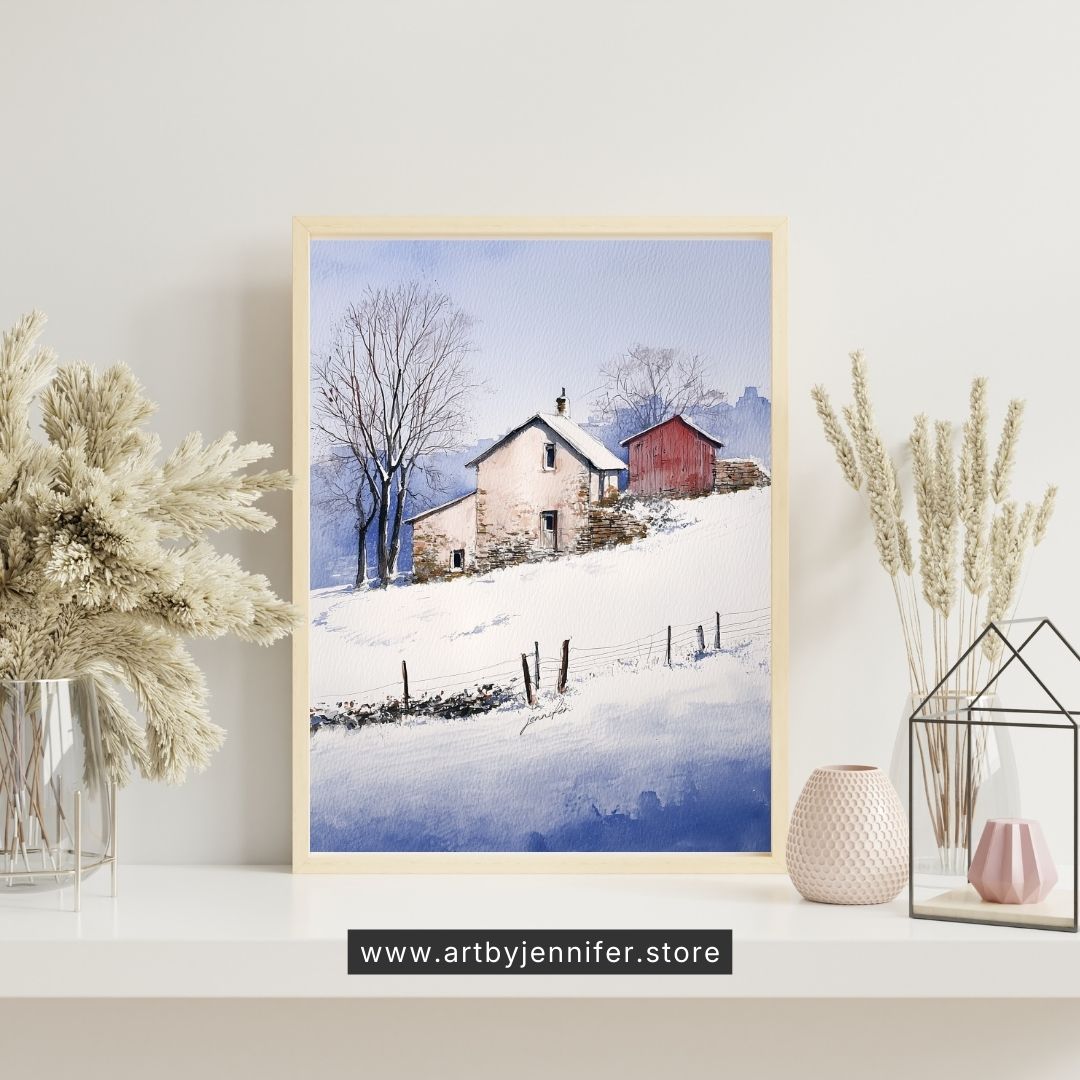 Charme rustique d'un chalet d'hiver : Paysage d'hiver à imprimer