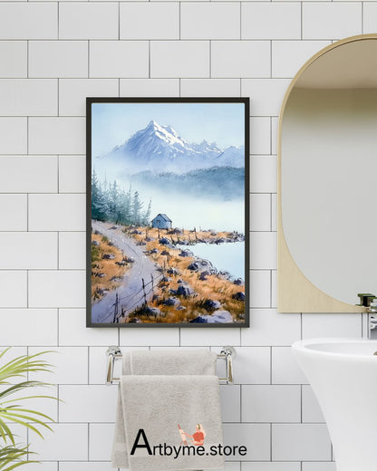 Cabane isolée sous des sommets enneigés – Illustration imprimable de montagne hivernale