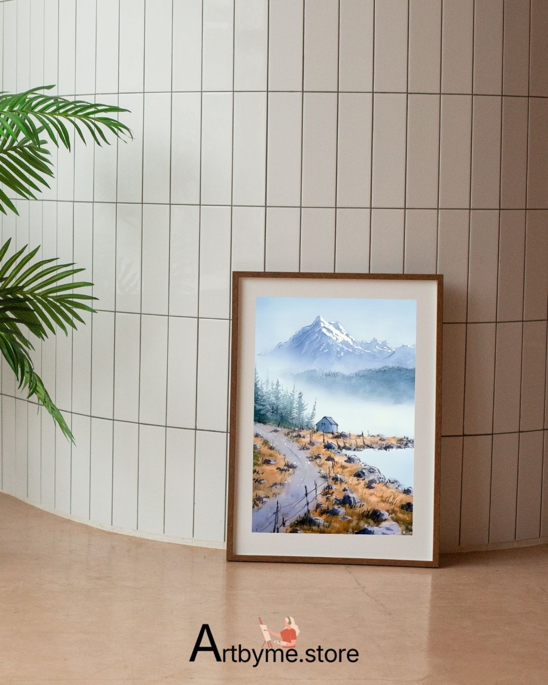 Cabane isolée sous des sommets enneigés – Illustration imprimable de montagne hivernale