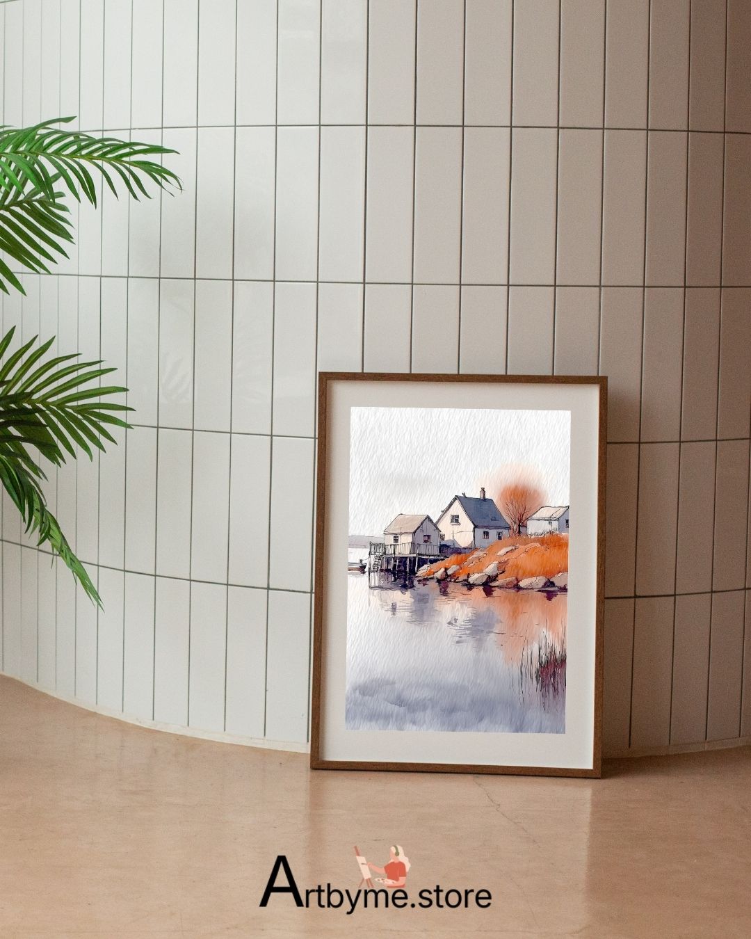 Aquarelle minimaliste d'un village au bord d'un lac – Paysage à imprimer