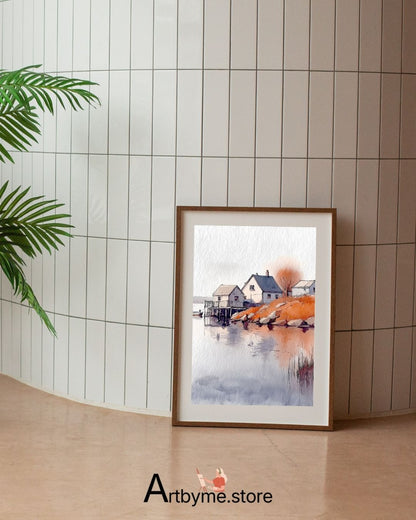 Aquarelle minimaliste d'un village au bord d'un lac – Paysage à imprimer