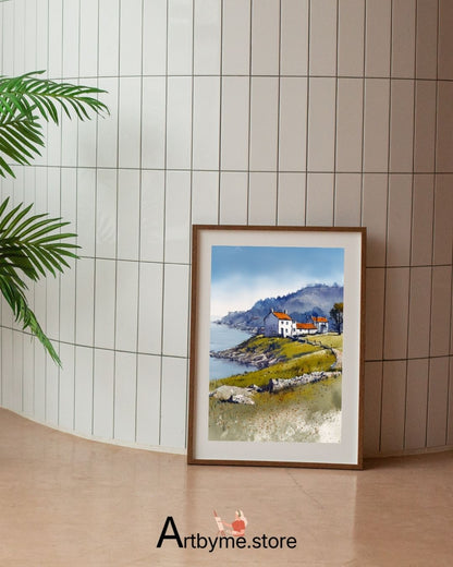 Red Roof Coastal Village Art – Scenic Watercolor Printable
