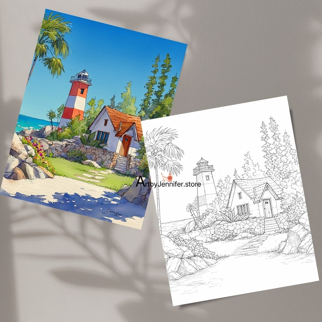 15 páginas simples para colorear de faros en acuarela