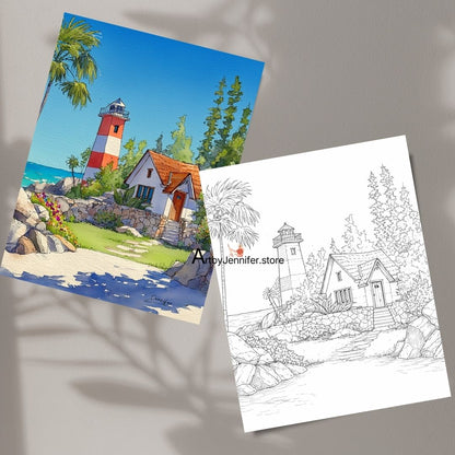 15 páginas simples para colorear de faros en acuarela