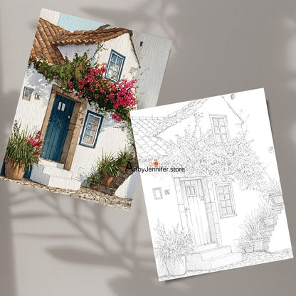 21 Vintage Doors & Windows Watercolor-Style Coloring Page