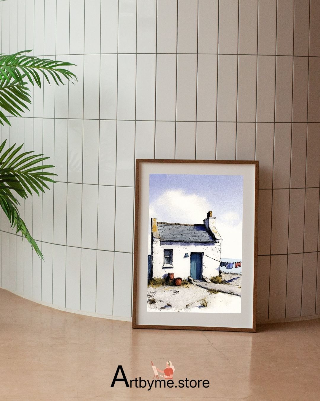 Vie paisible au bord de la mer - Aquarelle - Paysage côtier à imprimer